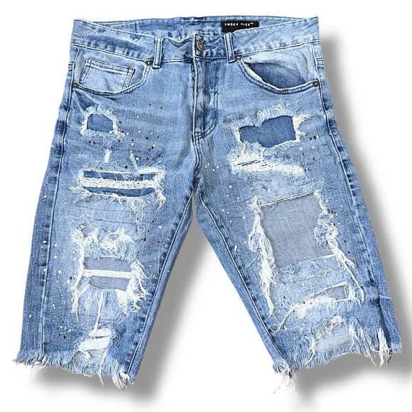 Smoke Rise Denim Shorts Distressed Patched Paint Splatters Blue - Picture 1 of 8